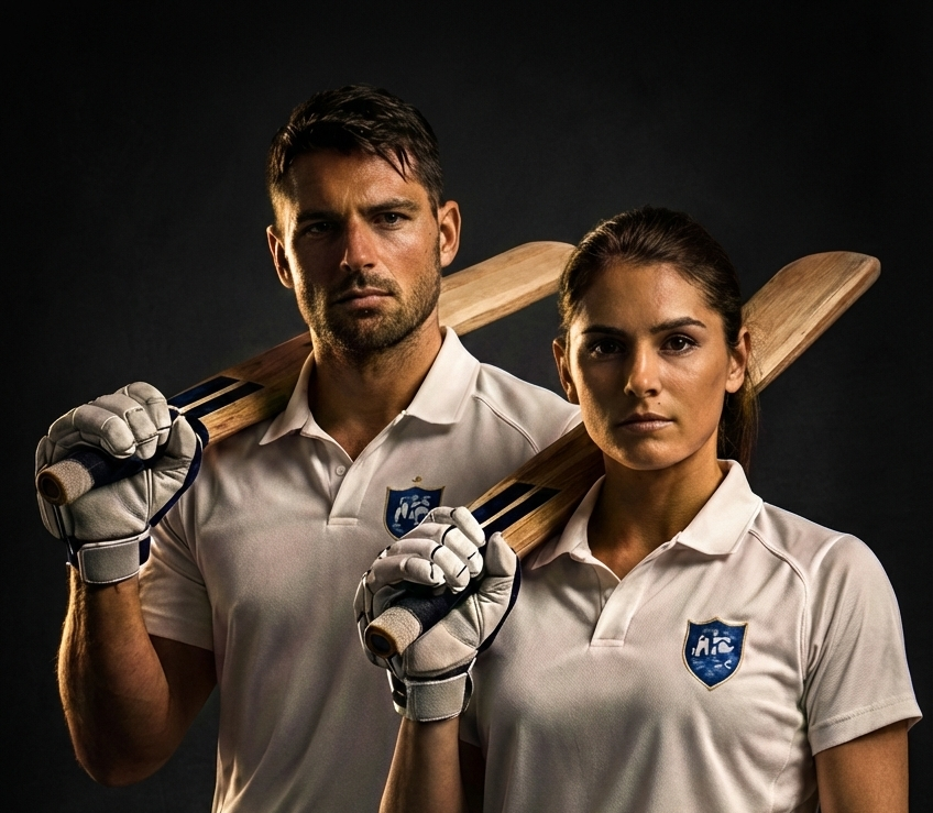 Two people in cricket uniforms holding bats against a dark background